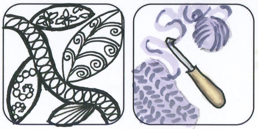 Two drawings, zen tangle square and crochet square