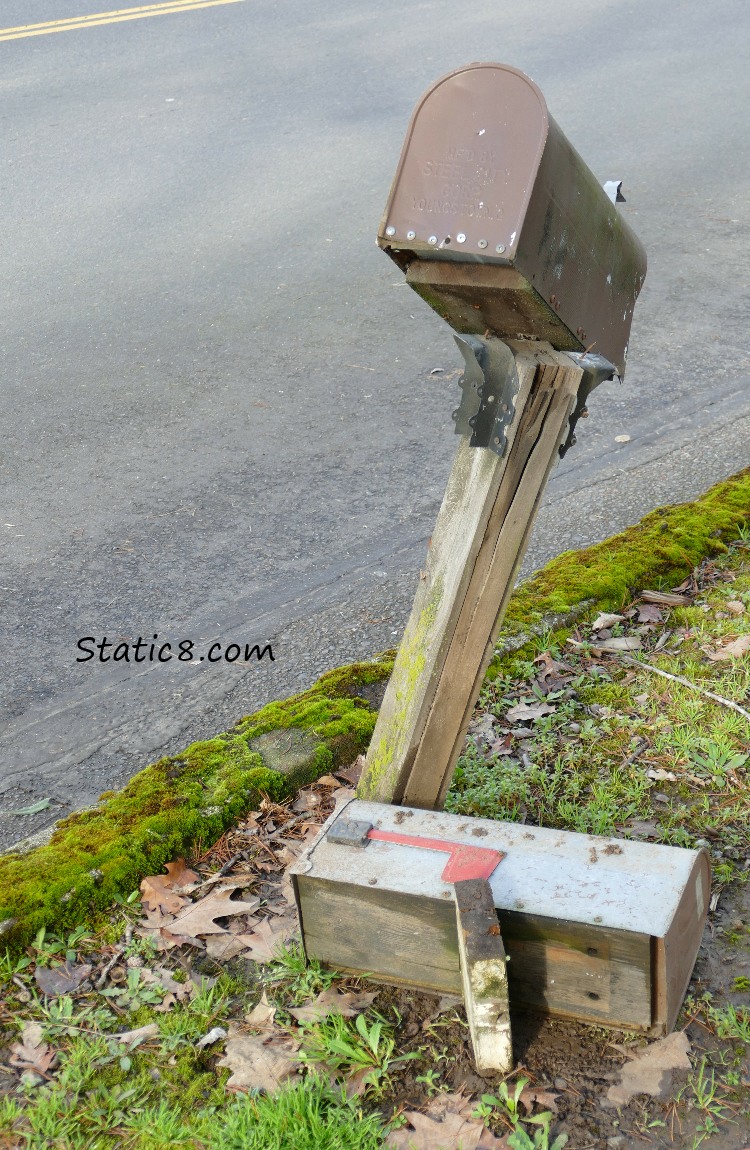 Two street-side US mailboxes with broken posts.  One box is on the ground.