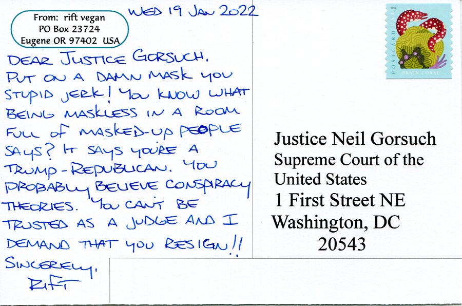 postcard to Neil Gorsuch (text below)