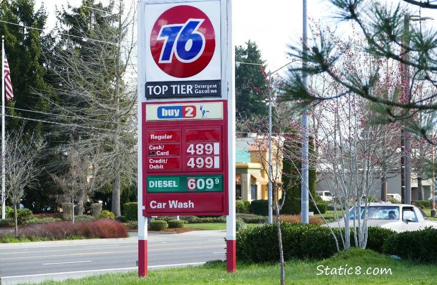 Gas Prices at a 76 gas station, 4.999$/gal for regular unleaded and 6.099$/gal diesel