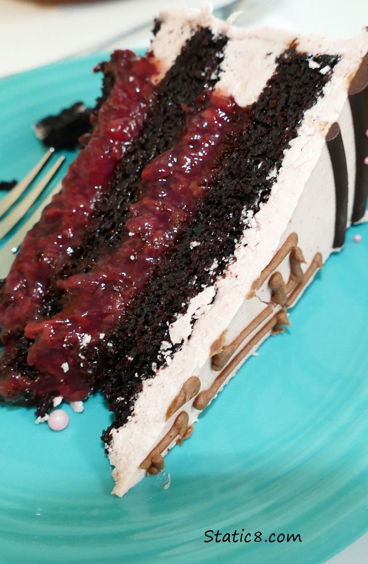 a slice of chocolate cake with pink frosting and strawberry compote