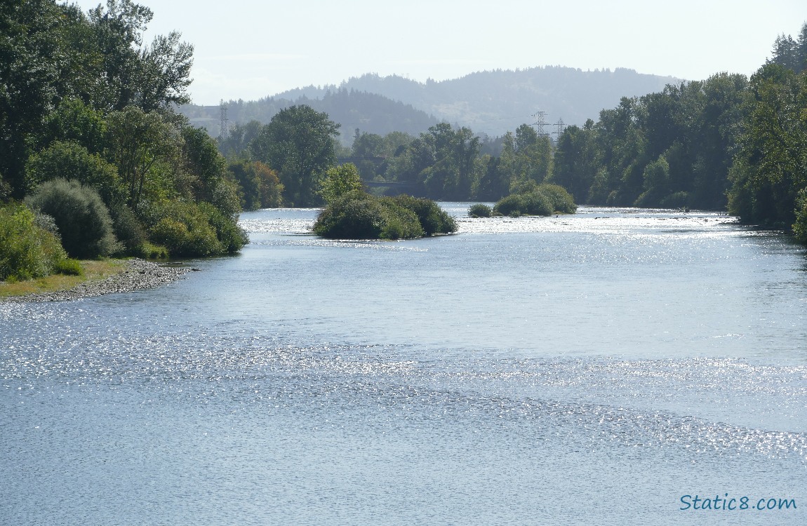 Looking upriver, trees on both sides, hills in the distance