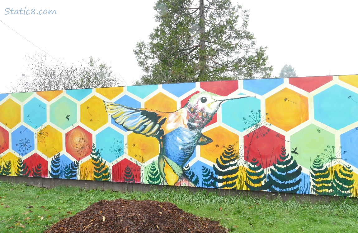 Mural of a hummingbird with coloured hexagons, trees in the background