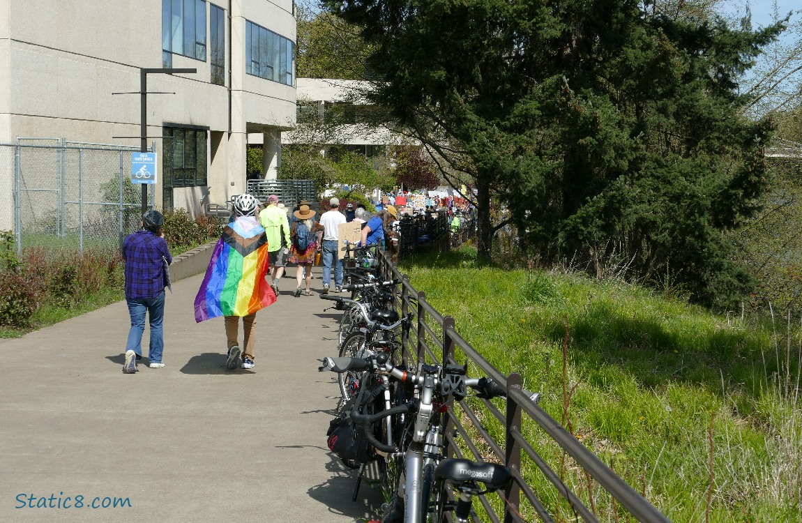 Protesters walking along the bike path