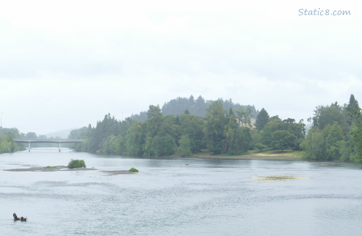 Looking upriver, a bridge and a hill in the distance