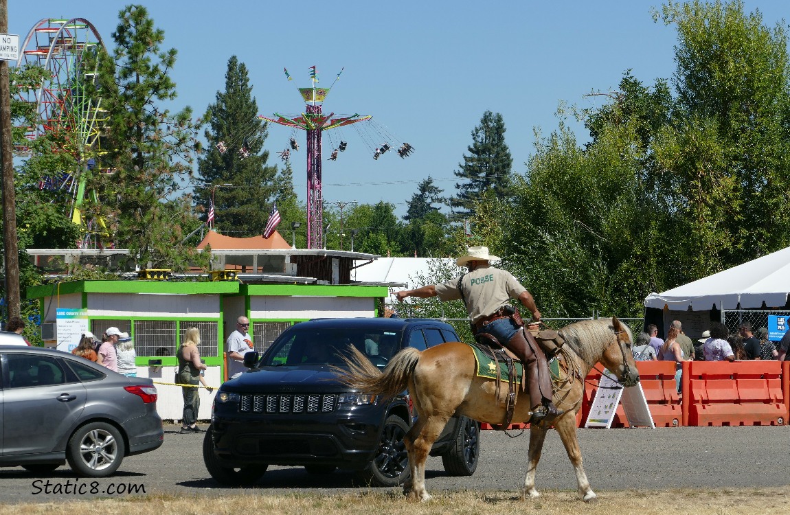 Horse and rider pointing at cars with fair rides in the background