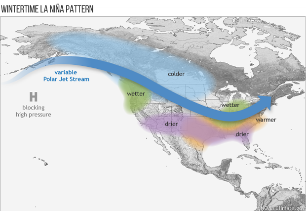 Map of North America with La Nina wintertime jet stream indicated in blue