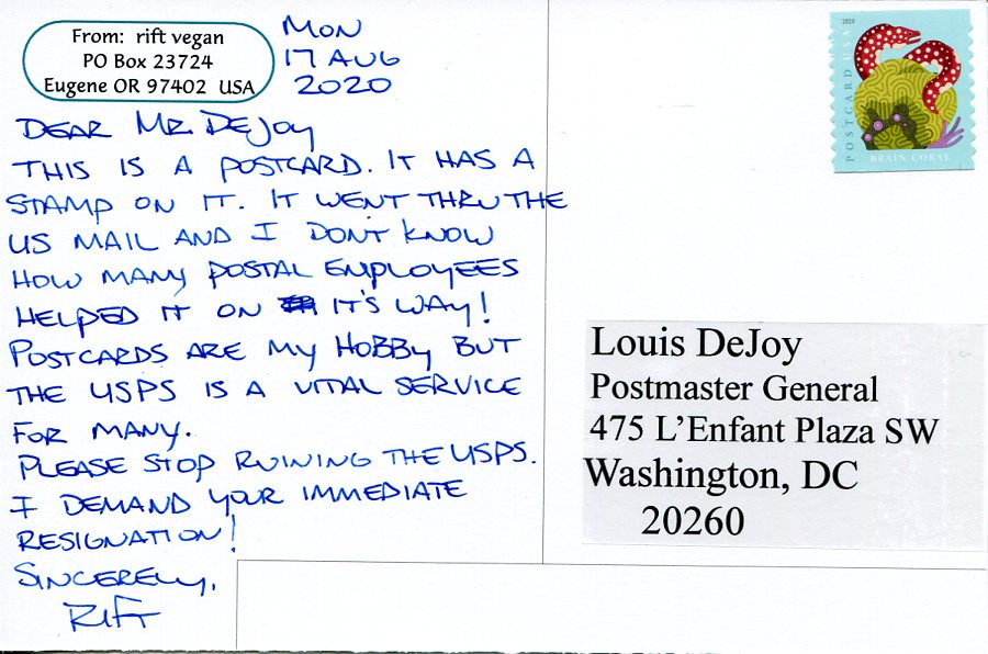 postcard written to Louis DeJoy the Postmaster General about mail