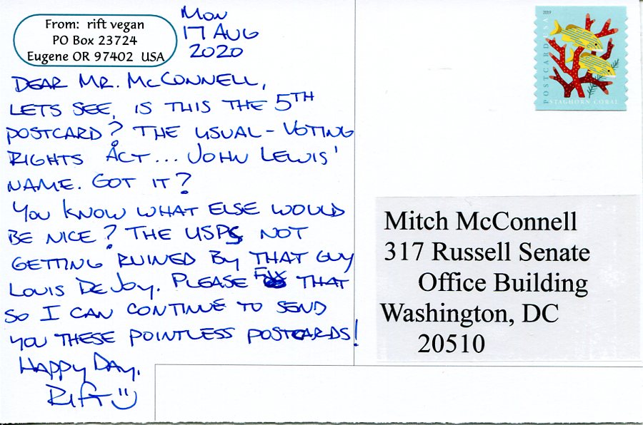 postcard written to Mitch McConnell about the Voting Act and the USPS