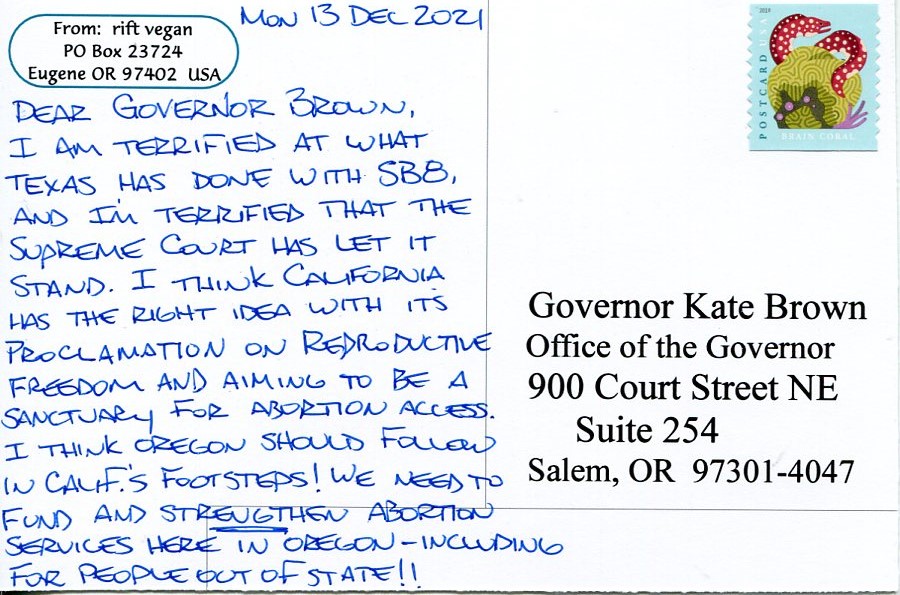 Postcard to Oregon Gov Brown about Abortion Care