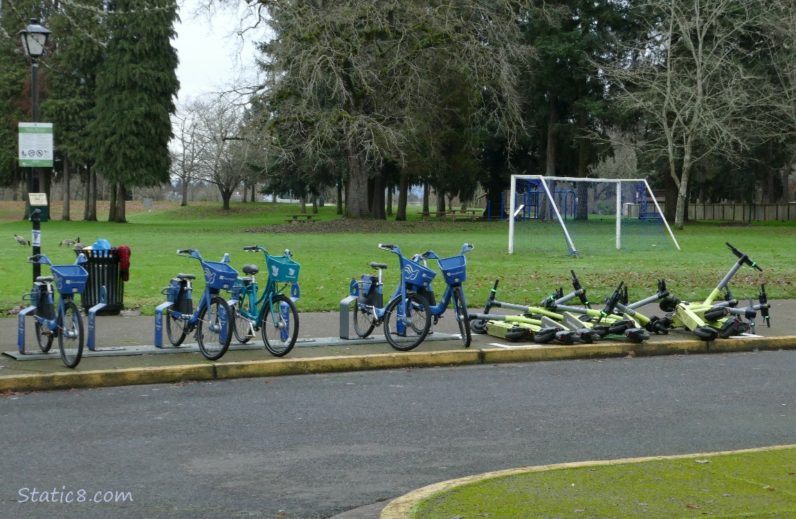 Rental bikes in a rack and rental eScooters that have been pushed over