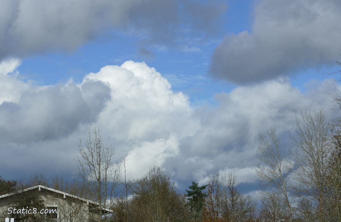 White puffy clouds with blue sky and grey clouds