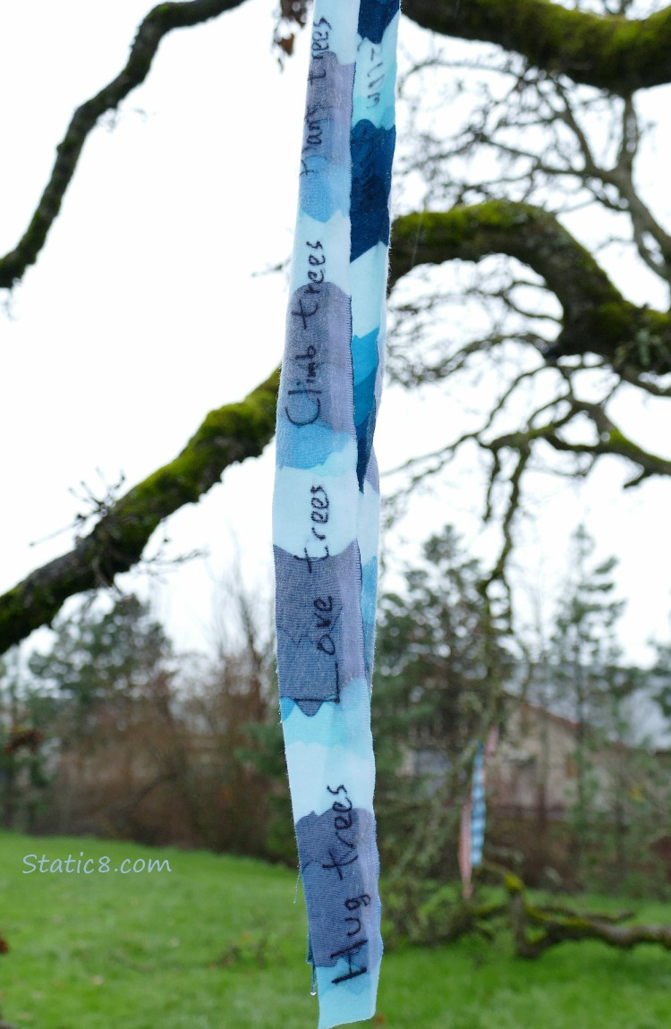 Blue streamer with writing on it