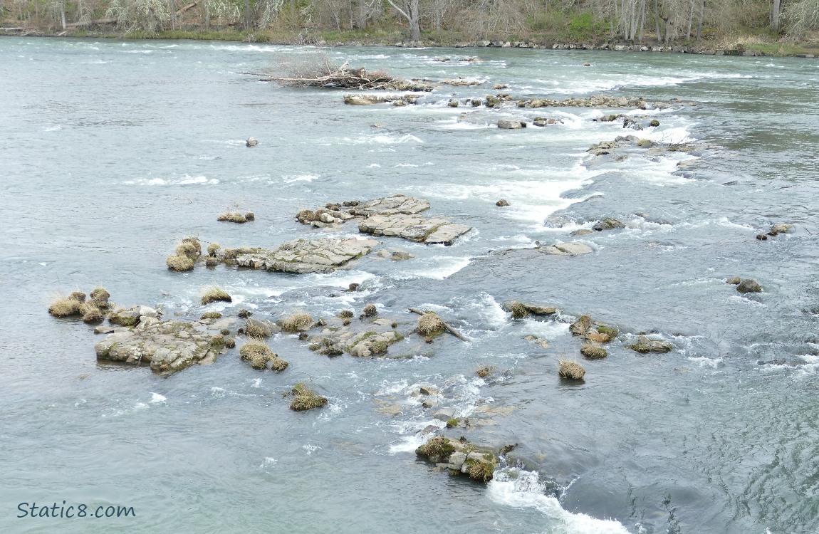 Looking down at the river and rocks from a bridge