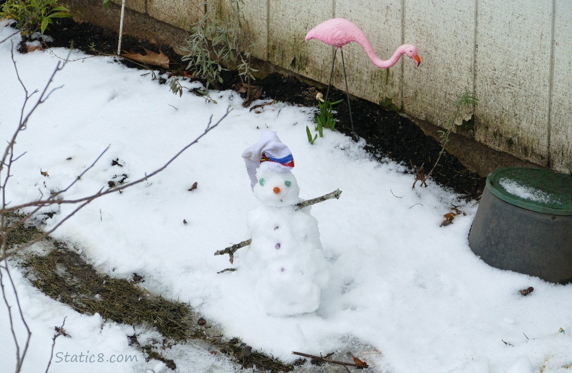 Small Snowman in front of a pink flamingo yard decoration
