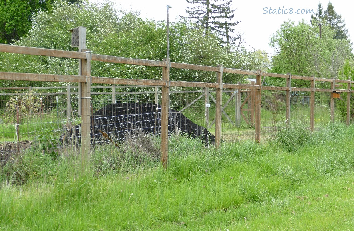 Pile of dirt on the other side of a wire and wood fence