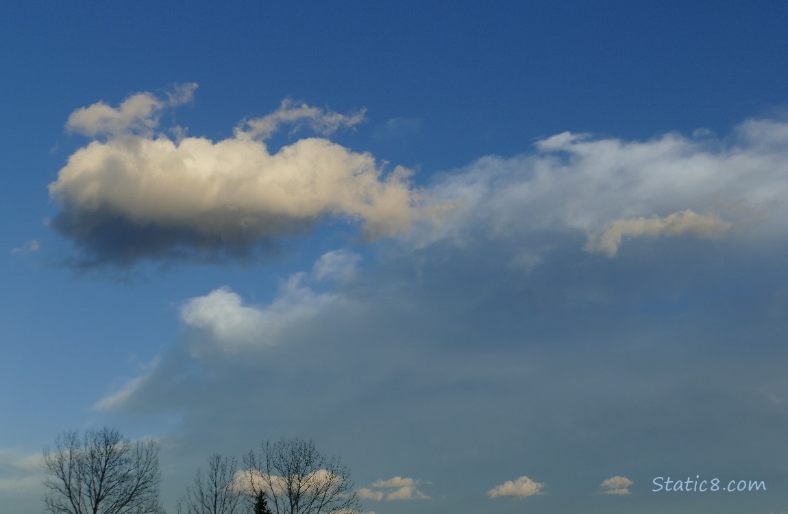 Puffy pink clouds in a darkening sky