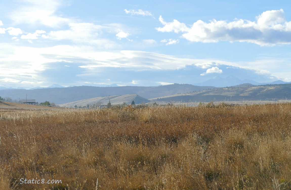 Looking over prairie to the hills and mountains in the far distance