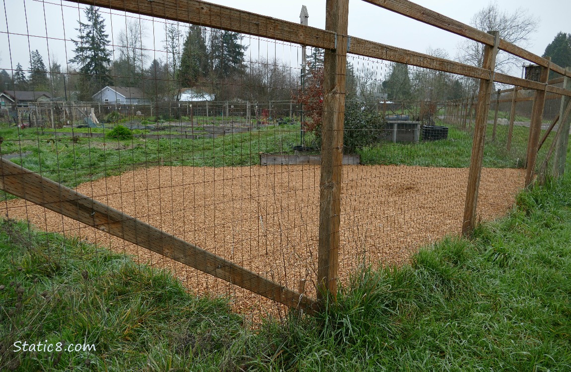 Area of wood chips past a wood and wire fence