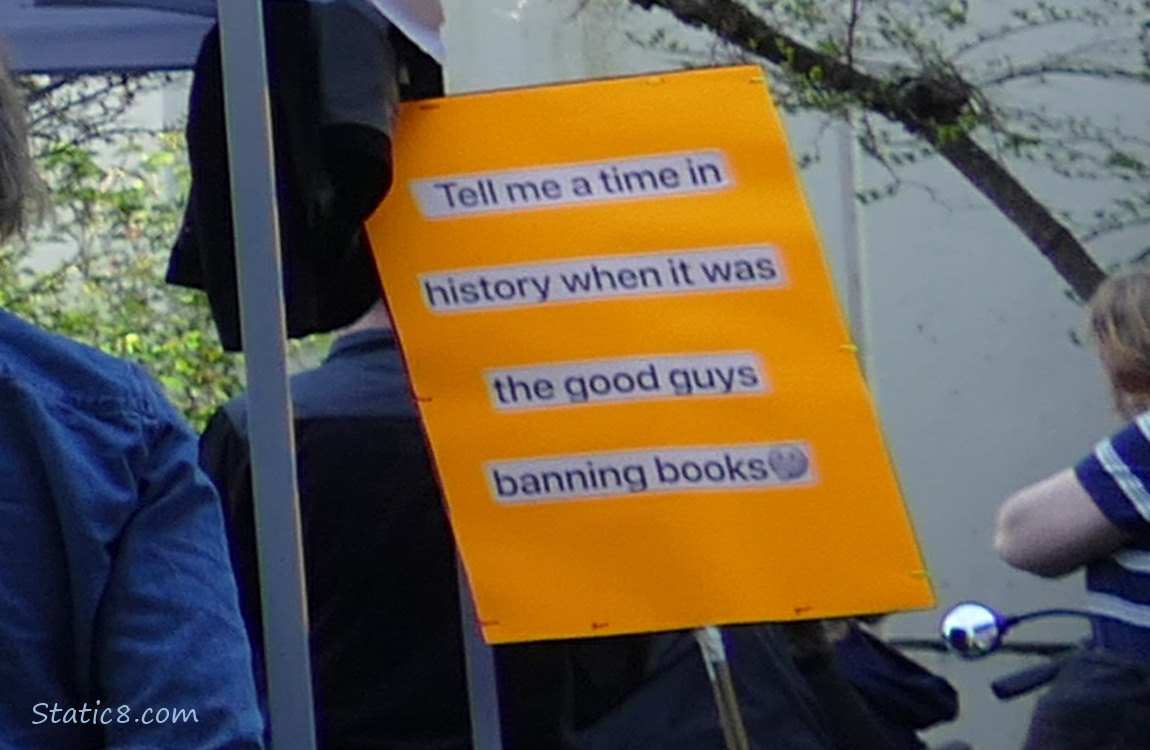 Protest sign says Tell me a time in history when it was the good guys banning books