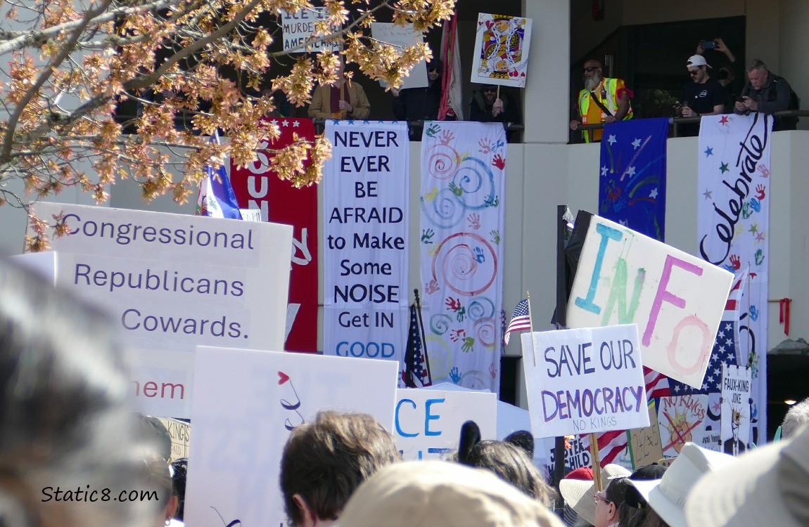 Protest banners draped from a parking structure