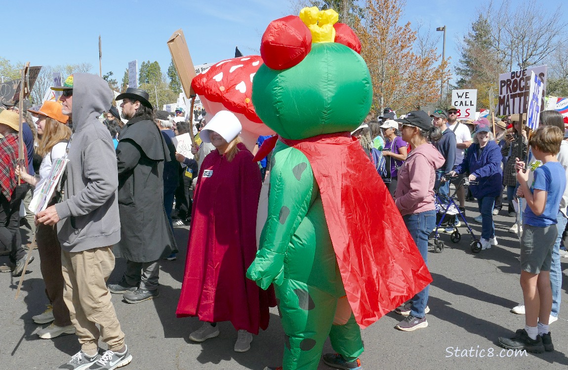 Inflatable costumes and a person dressed as a Handmaid