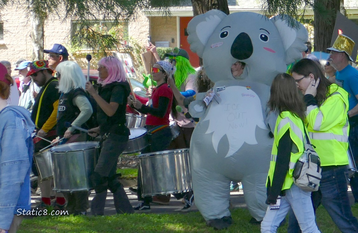People playing drums and an inflatable koala
