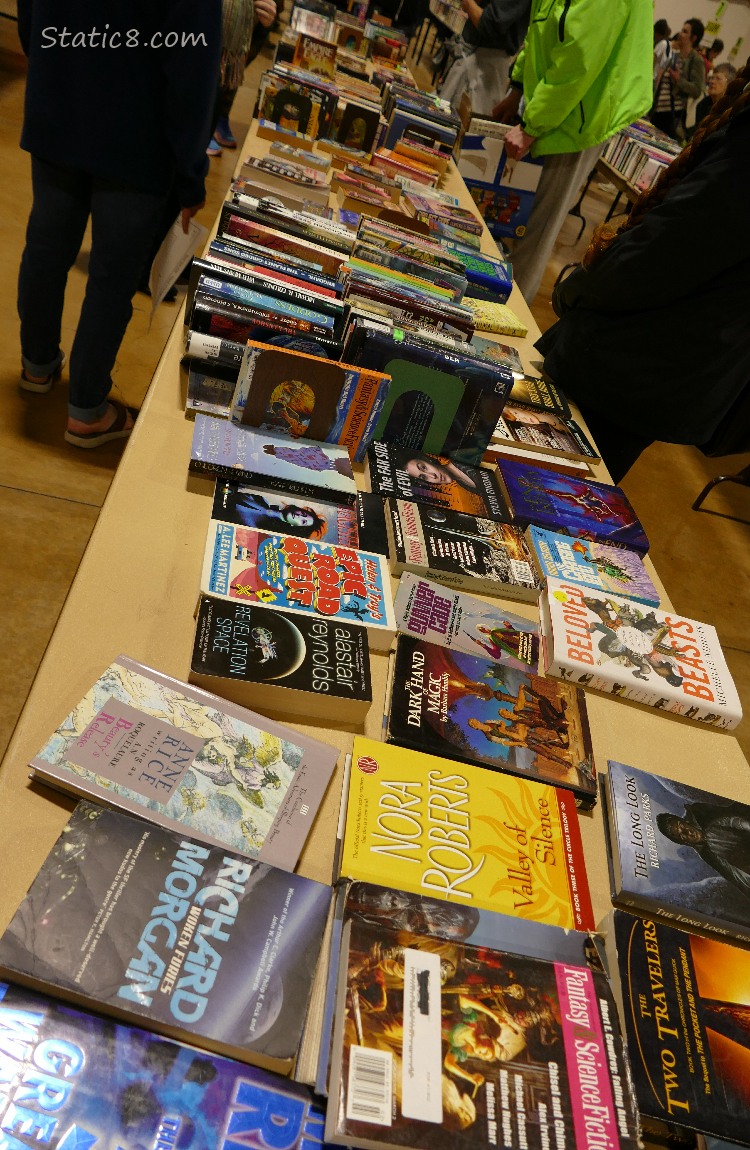 Used books spread out on a table