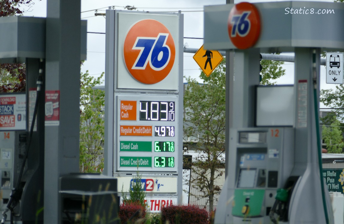 Gas station display of the price of gas, 4.939$/gal