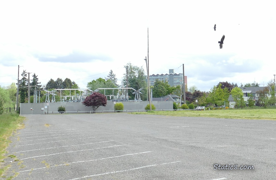 Parking lot with an electrical station at the end