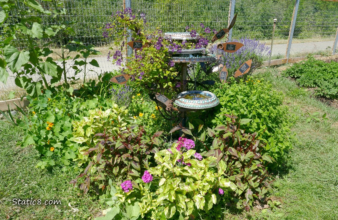 Artsy Bird Bath surrounded by flowers