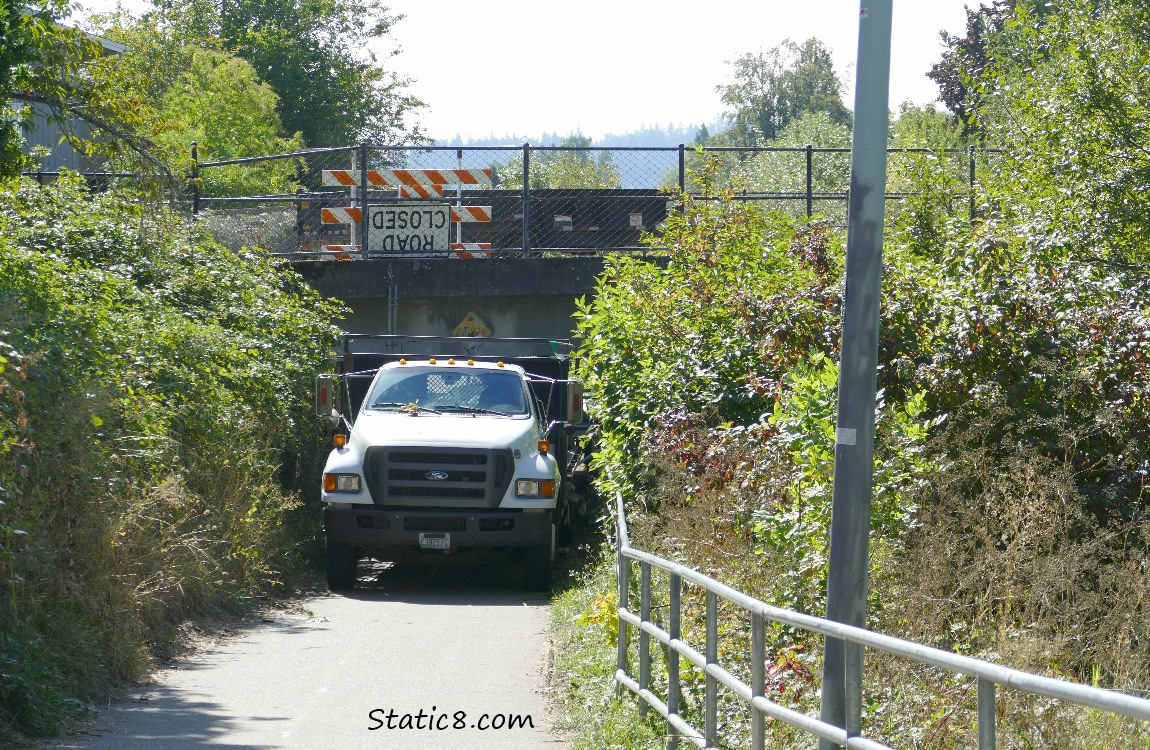Truck parked on the bike path under a bridge