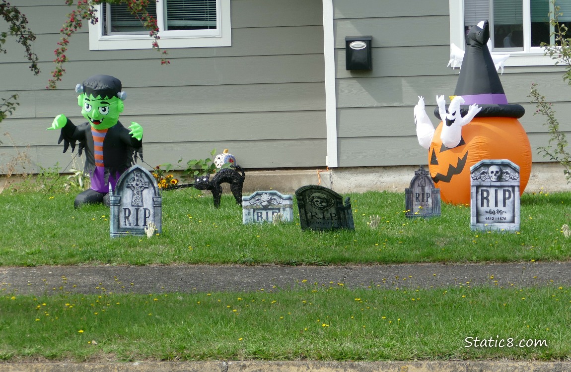 Halloween decorations on a front lawn