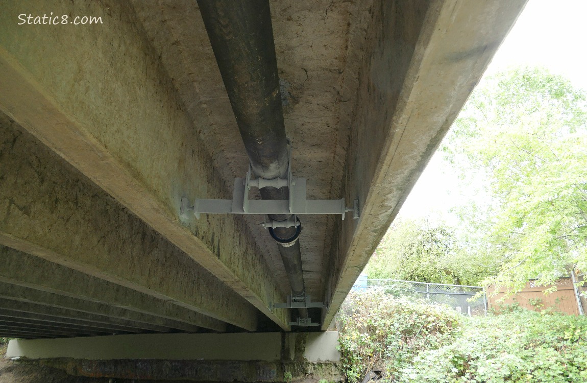 Looking up under a bridge at a pipe